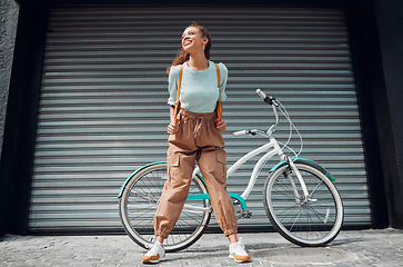 Image showing Woman, happy and bike with backpack on travel in city with fashion on road outdoor. Black woman, bag and smile for holiday, tourism or or vacation with bicycle in summer on street in San Francisco