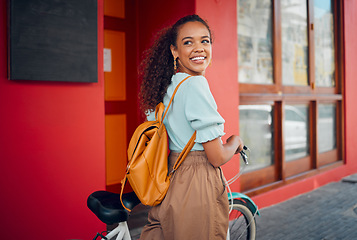 Image showing Happy, smile and woman with a bicycle in the city for carbon footprint with a backpack on a walk. Happiness, cycling and girl from Mexico walking with bike in the urban street while on summer holiday