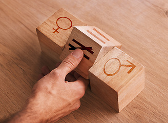 Image showing Wood, blocks and game for equality, gender and human rights on table. Lgbt, transgender and pride tolerance with wooden cube with sign for male, female and hand for equal pay, education and learning