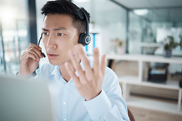 Image showing Call center stress, confused man and telemarketing agent anxiety, doubt and challenge angry customer service question, problem and crm contact. Frustrated, worried and fail business salesman crisis
