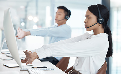 Image showing Call center, team stretching and computer office health, wellness motivation and workplace stress management. Telemarketing agent, virtual customer service advisor people breathing exercise at desk