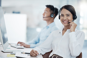 Image showing Telemarketing, sales or woman customer service consultant talking on headset. Job, crm or call center worker consulting an call for customer support. Portrait with contact us on our help desk line