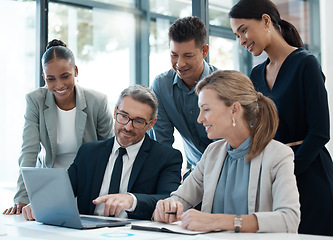 Image showing Business people, laptop and team collaboration for planning, strategy and sharing idea at the office. Businessman leader, manager and training employee staff in teamwork meeting, learning on computer