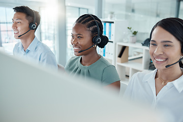 Image showing Call center, team and happy business people in office with headset and smile on face. Work, crm and diversity in workplace for customer support operators. Teamwork, telemarketing and smiling workers