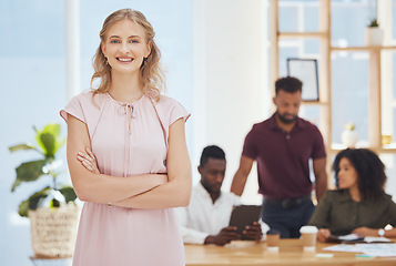 Image showing Startup business leader, woman boss and empowerment in office with equality. Female leadership, success and confidence in corporate industry. Happy, smile and a portrait of woman at work in boardroom