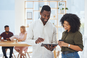 Image showing Happy, business people and success on tablet for team collaboration or meeting at the office. Black man and woman working on touchscreen in research for company marketing and advertising in workplace