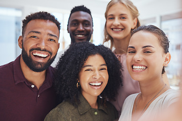 Image showing Happy, friends and portrait smile for selfie at the office for meeting or team building exercises together at work. Diverse group of creative people in happiness smiling for company friendship photo