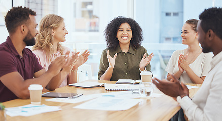 Image showing Success, applause and team celebration in office for startup business meeting and announcement. Congratulations, clapping hands and victory, support for winner teamwork, achievement and collaboration