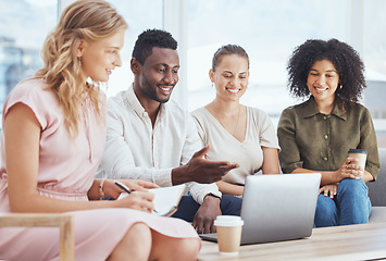 Image showing Diversity, business people and team on laptop in collaboration for strategy, ideas and planning at the office. Group of creative designers working on computer in teamwork for success at a workplace