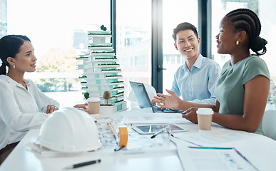 Image showing Construction, planning and architects meeting about design of building, strategy and working in industrial collaboration. Architecture workers talking about maintenance project with paper and a model