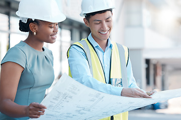 Image showing Architect, team and building blueprint for planning at construction site for architecture design outside. Happy builder or contractor in teamwork smile holding paper layout for industrial development