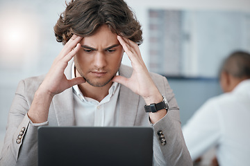 Image showing Young man, anxious and stressed with laptop for meeting, business and startup company planning. Computer, entrepreneur and male thinking, focused and confused for new project and job interview.