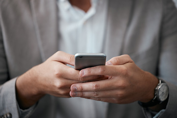 Image showing Businessman, hands or phone typing for schedule, calendar or stock market trading management. Zoom, finance worker or mobile networking technology in budget planning, crypto investment or fintech app