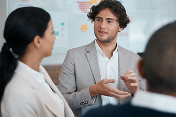 Image showing Meeting, team and business people planning a project in a group discussion in the office conference room. Teamwork, collaboration and staff in discussion on marketing plan or strategy in a boardroom.