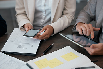 Image showing Business meeting, tablet and phone with hands of people typing notes in corporate attorney office. Professional lawyer team checking update online with digital device screen at boardroom table.