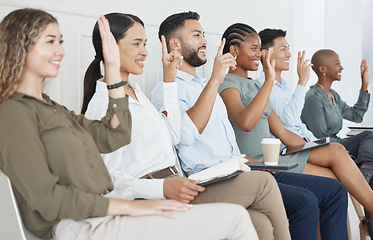 Image showing Recruitment, interview and candidate on chair in queue for work at business in tech, customer support or consulting. Company, hiring and question for group of people with diversity, happy and hand up