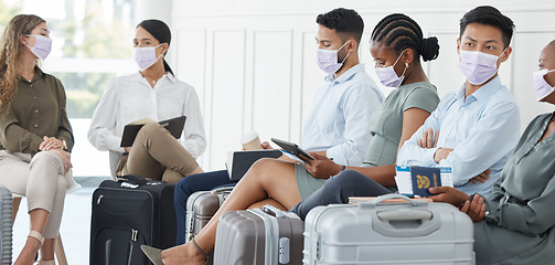 Image showing Face mask, covid or business people in airport terminal travel in safety healthcare law. Vacation, luggage or tourist in covid 19 safety in immigration, medical security or international traveling