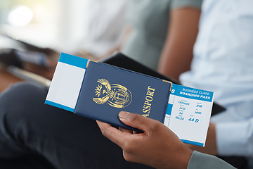 Image showing Travel, passport and man with ticket for business, information for airplane and journey for work at airport. Hands of worker with documentation for corporate and executive trip for professional job