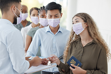 Image showing Covid, travel and airport with a woman passenger in line with identity documents checking in with security for boarding a flight. Ticket, restrictions and safety with a female traveler in a mask