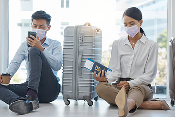 Image showing Covid, delay and business people waiting in airport for a cancelled flight, schedule or coronavirus news. Crisis, compliance and corporate woman in mask stressed and frustrated with traveling visa