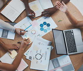 Image showing Marketing teamwork people planning strategy, documents of analytics and top view of group working together. Business report in office research, budget collaboration and corporate competition analysis