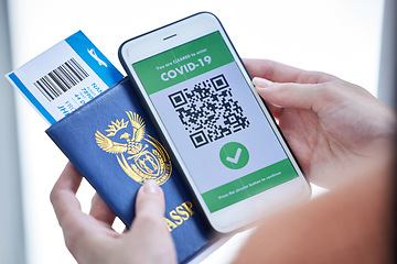 Image showing Passport, travel and covid vaccine phone QR barcode of hands holding documents for immigration. Plane ticket, digital airplane pass and identity document for holiday, vacation or international trip