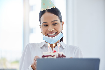 Image showing Woman in covid, video call birthday party and online celebration with candles on cake for social distancing at work. Coronavirus pandemic, face mask for global health and safety office compliance