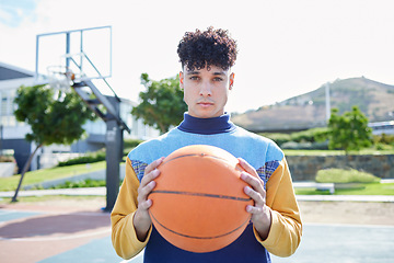 Image showing Basketball, sports and man training for game on an outdoor court in summer. Portrait of a professional athlete with motivation playing cardio sport and fitness with a ball for competition or event