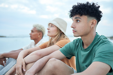 Image showing Travel, friends and adventure with men and woman friend group sitting outdoor in nature for diversity, inclusion or acceptance. Gen z, lifestyle and fashion with young people bonding together outside