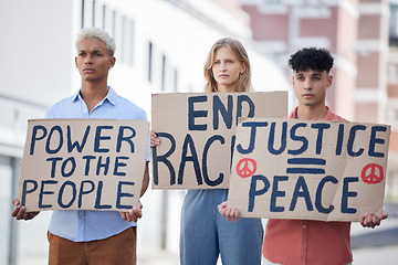 Image showing Protest, crowd and poster of peace, racism and justice in city street rally, fight and human rights freedom rally. Community group, society and people revolution sign, power and blm equality support