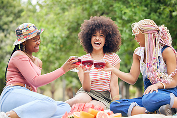 Image showing Black woman, cocktail and friends relax on picnic for peace, wellness and friendship reunion with alcohol glass drink. Nature park, trees and happy gen z people bonding, having outdoor fun and smile