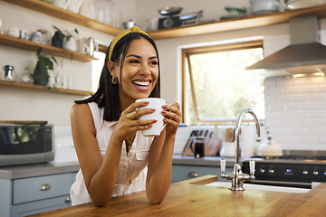 Image showing Happy woman, coffee or tea in home kitchen and relax with a smile in the morning at house. Calm young person, smiling at peace and tea drink to wake up to start day with positive joyful thoughts