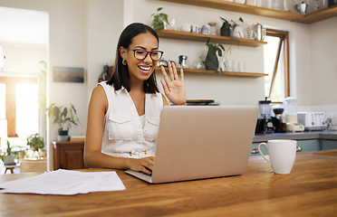 Image showing Laptop webinar, woman or video conference training on online zoom call meeting in home office or house room interior. Smile, happy and happy remote worker with wave on tech recruitment interview