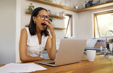 Image showing Woman, tired and yawn with laptop for remote work at table in home. Girl, glasses and burnout for stress, business or work for job in marketing, advertising or seo on internet, social media or web