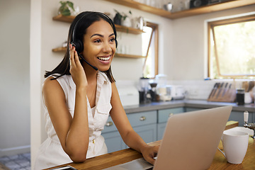 Image showing Remote call center, telemarketing or support crm worker who help clients, customer and smile. Woman on a laptop, with a headset and working as a customer service or contact us professional from home