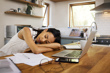 Image showing Sleeping, tired and burnout business woman feeling exhausted after overtime and dreaming while suffering from sleep apnea problem and insomnia. Overworked, sleepy and lazy female lying head at home