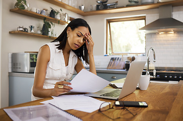 Image showing Stress, burnout or woman with work headache in kitchen from house mortgage, tax or paper audit error. Tired, sad and employee with mental health from job contract, compliance or budget report at home