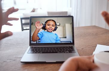 Image showing Laptop, video call and child wave at family, teacher and to connect online with headphones. Digital device, kid on screen and communicate with friends, relatives or parents have fun, talking and chat