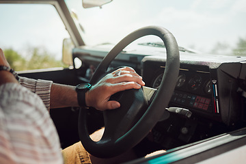 Image showing Steering wheel hands press car horn in road trip, traffic jam and journey. Closeup travel man, taxi driver and motor vehicle transportation sound for attention, caution and warning for driving street