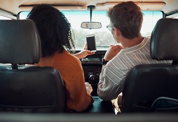 Image showing Phone, road trip and couple driving with gps to summer vacation destination in the countryside. Travel, journey and interracial people with maps on smartphone for holiday, adventure or weekend plans.