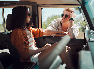 Image showing Travel, road trip and couple with love for summer journey, holiday vacation in safari or countryside adventure with sunglasses in caravan. Happy young people, friends or driver woman in nature desert
