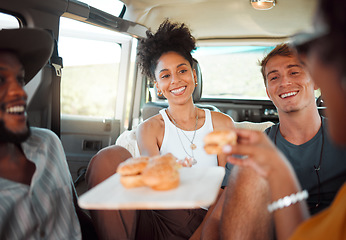Image showing Car, road trip and diversity friends with food, burger or snacks for SUV transportation journey in Australia. Van travel adventure, happy friendship or hungry relax group of people eating fast food