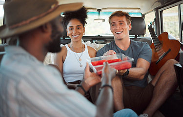 Image showing Diversity, friends and on road trip share food, watermelon and in van while travel, fun vacation and enjoy holiday together in summer. Group, happy and with fruit in vehicle on journey and adventure