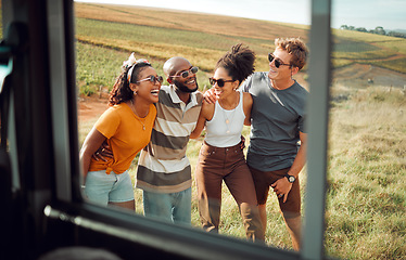 Image showing Happy, nature and friends on road trip adventure, holiday or vacation together in the countryside. Happiness, diversity and people laugh at comic joke on summer journey or safari walking and talking.