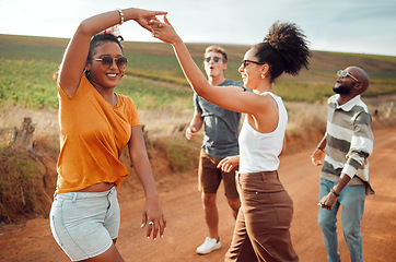 Image showing Dance, singing and friends walking in nature on holiday in the countryside of Kenya together in summer. Happy, relax and dancing people being playful on a vacation in the countryside to relax