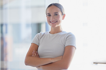 Image showing Expert, business and manager working as management at an executive corporate company. Portrait of a ceo, woeker or boss with arms crossed, pride and smile for happiness at a professional office