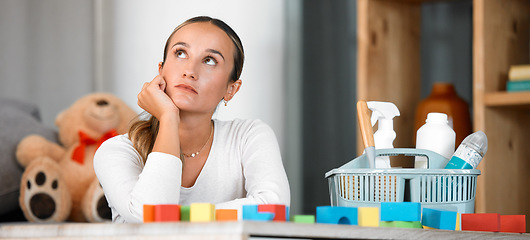 Image showing Thinking cleaner, home cleaning and woman contemplating life, housework or detergent for clean house, apartment or playroom. Domestic, supplies and housekeeping service girl think about hygiene care