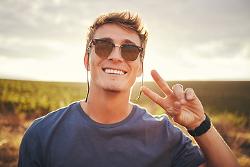 Image showing Nature, hand and peace with a man in a field of green grass with a blue sky or sunset background for travel. Summer, vacation and freedom with a male posing during roadtrip holiday with a hands sign