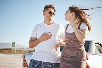 Image showing Happy, couple and travel for love on road trip vacation in relationship happiness together for bonding in the outdoors. Man and woman enjoying summer holiday in romance and traveling in South Africa