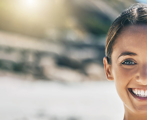 Image showing Happy, woman and mockup of a person outdoor feeling happiness, freedom and positive. Portrait of a female friendly face from Spain with a smile in the summer sun with mock up space in nature